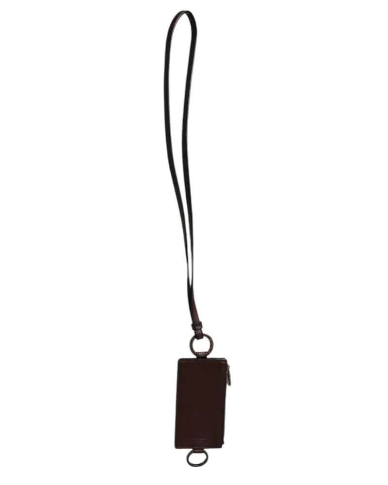 Dolce & Gabbana Men's Brown Calf Leather Lanyard Logo Card Holder Wallet Calfskin Brown