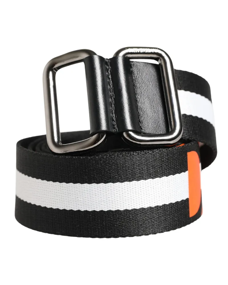 Dolce & Gabbana Men Black White Nylon Logo Metal Buckle Belt And Calf Black