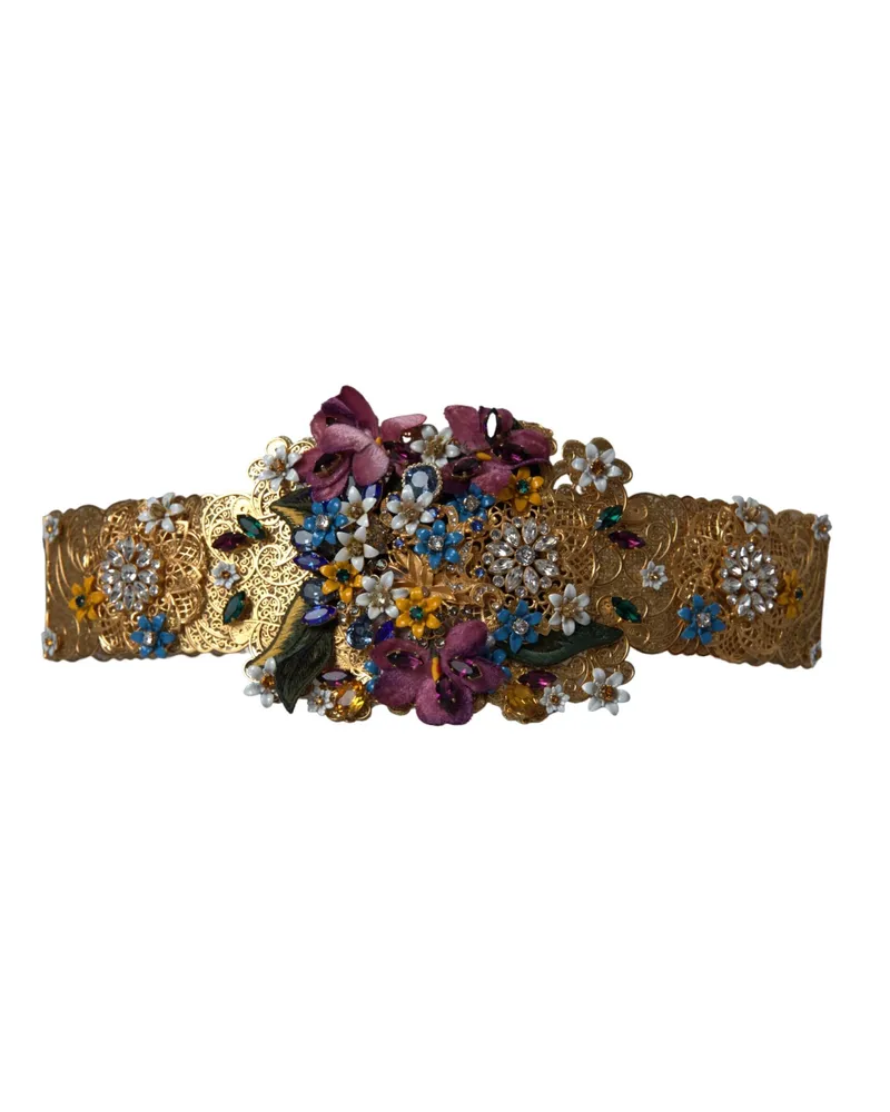 Dolce & Gabbana Women's Multicolor Embellished Floral Crystal Wide Waist Belt Gold