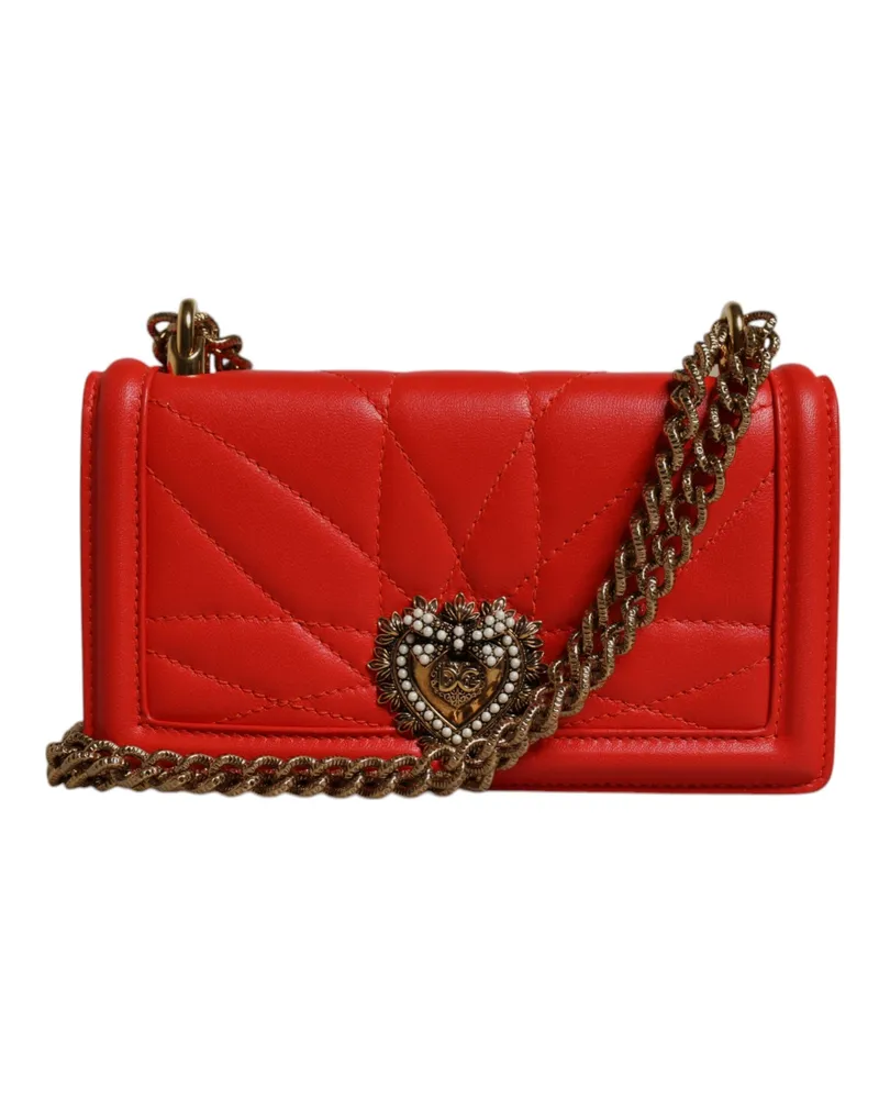 Dolce & Gabbana Women's Red Quilted Devotion Crossbody Chain Phone Cover Bag Lamb Leather Red