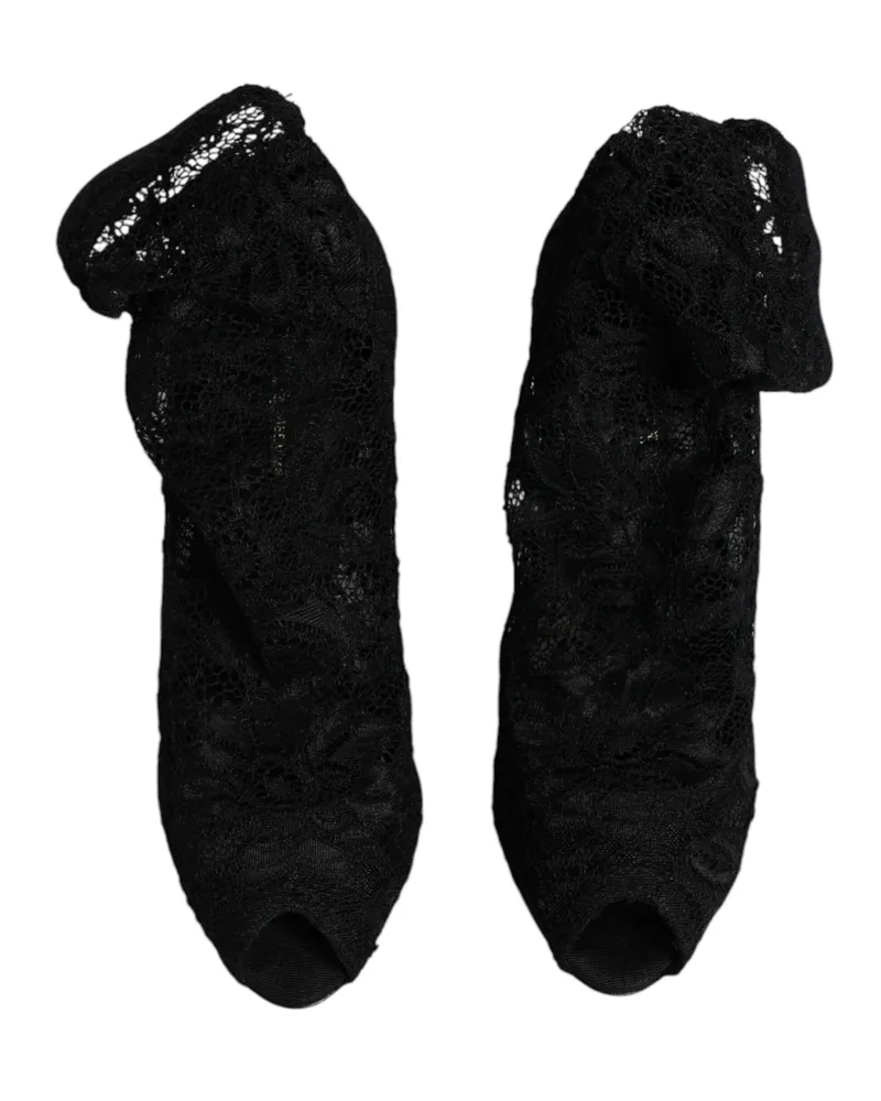 Dolce & Gabbana Women's Black Lace Stretch Heels Mid Calf Boots Shoes Nylon Elastane Viscose Black