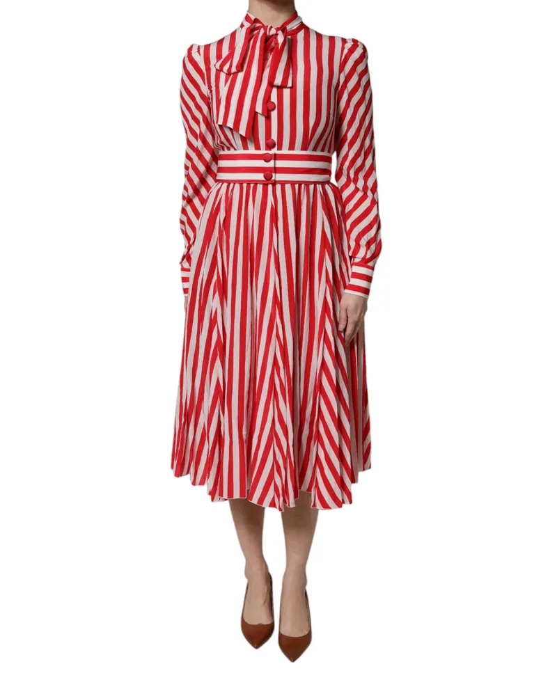 Dolce & Gabbana Women's White Red Stripes Long Sleeves Midi Dress And Silk Red