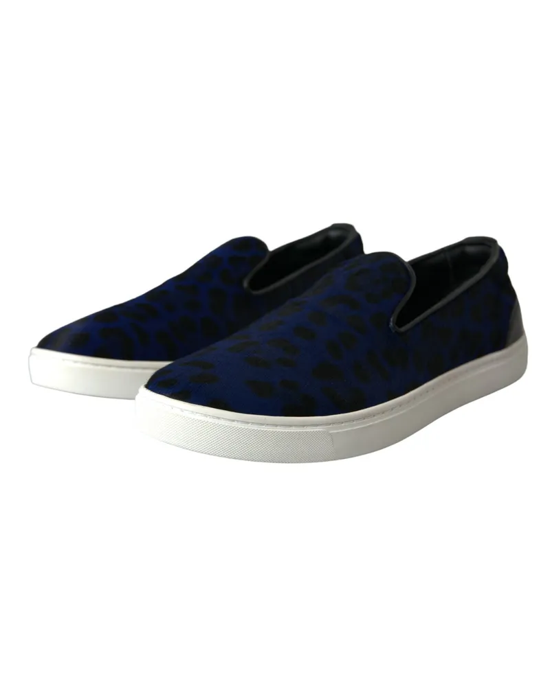 Dolce & Gabbana Men's Blue Calfskin Hair Leopard Sneakers Shoes Black And Blue