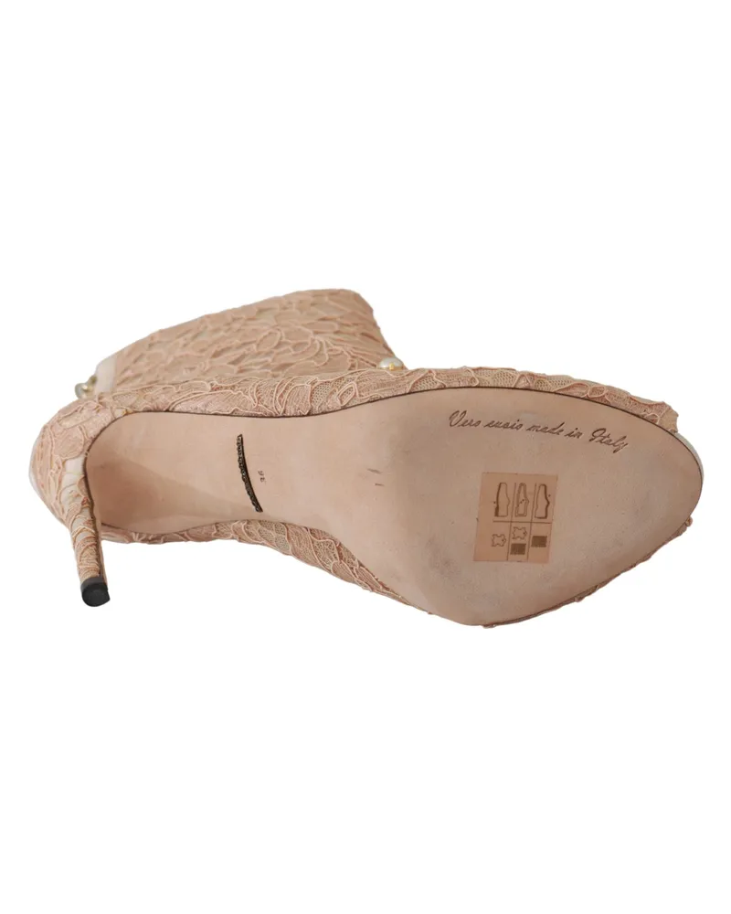 Dolce & Gabbana Women's Pink Crystal Lace Booties Stilettos Shoes Cotton Pink