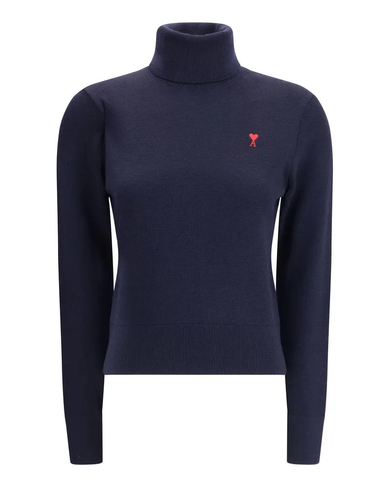 AMI Paris Women's Ami De Coeur Turtleneck Sweater Marine-Rouge Merino Wool Marine/rouge Navy