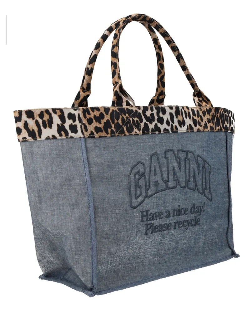 Ganni Women's Tote Bag With Logo Denim Handbags Hand Blue