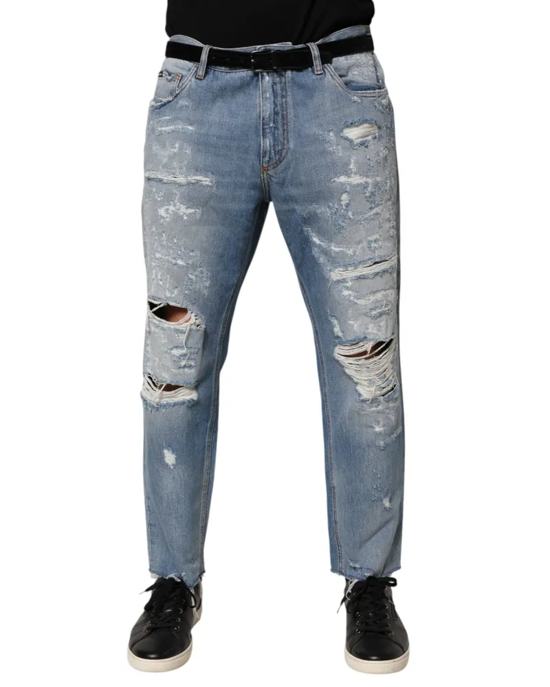 Dolce & Gabbana Men's Distressed Ripped Denim Jeans Blue Cotton Blue