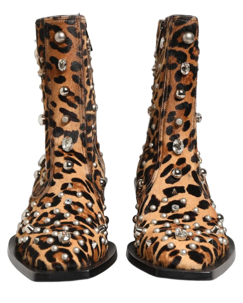 Dolce & Gabbana Brown Leopard Embellished Mid Calf Men Boots Shoes Leather Brown