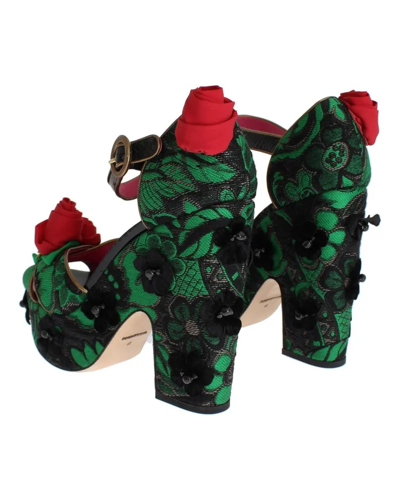 Dolce & Gabbana Women's Green Brocade Snakeskin Roses Crystal Shoes Green