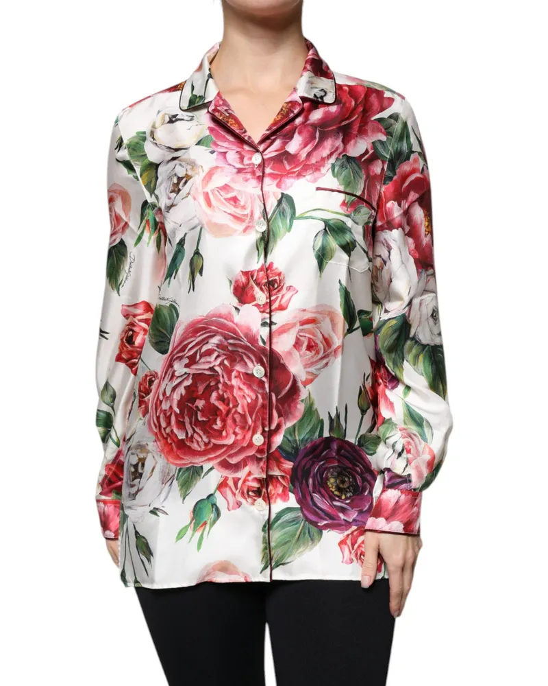 Dolce & Gabbana Women's White Peony Silk Long Sleeves Collared Blouse Top White