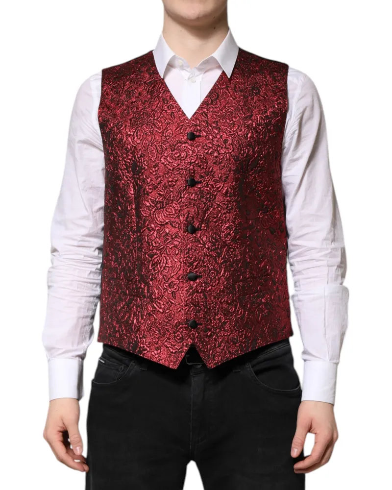 Dolce & Gabbana Red Floral Brocade Formal Men Waistcoat Vest Clothing Red