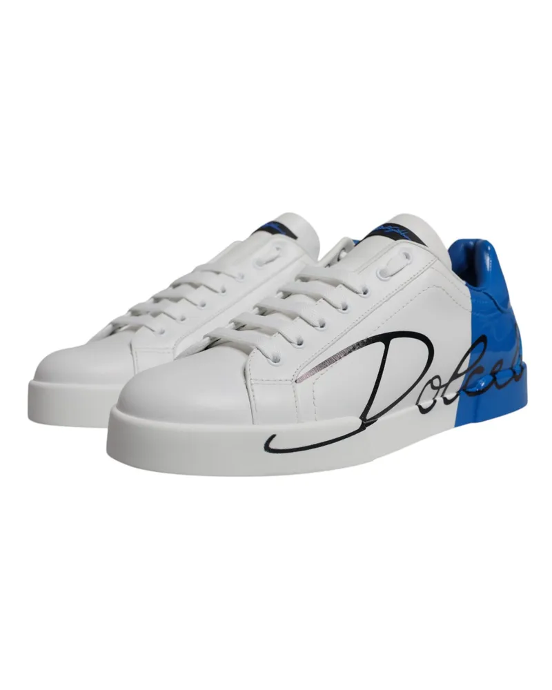 Dolce & Gabbana Men's White Blue Leather Logo Low Top Sneakers Shoes And Calf White