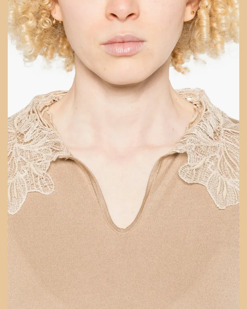 Fabiana Filippi Women's Lace-Detail V-Neck T-Shirt Ss26 W Beige
