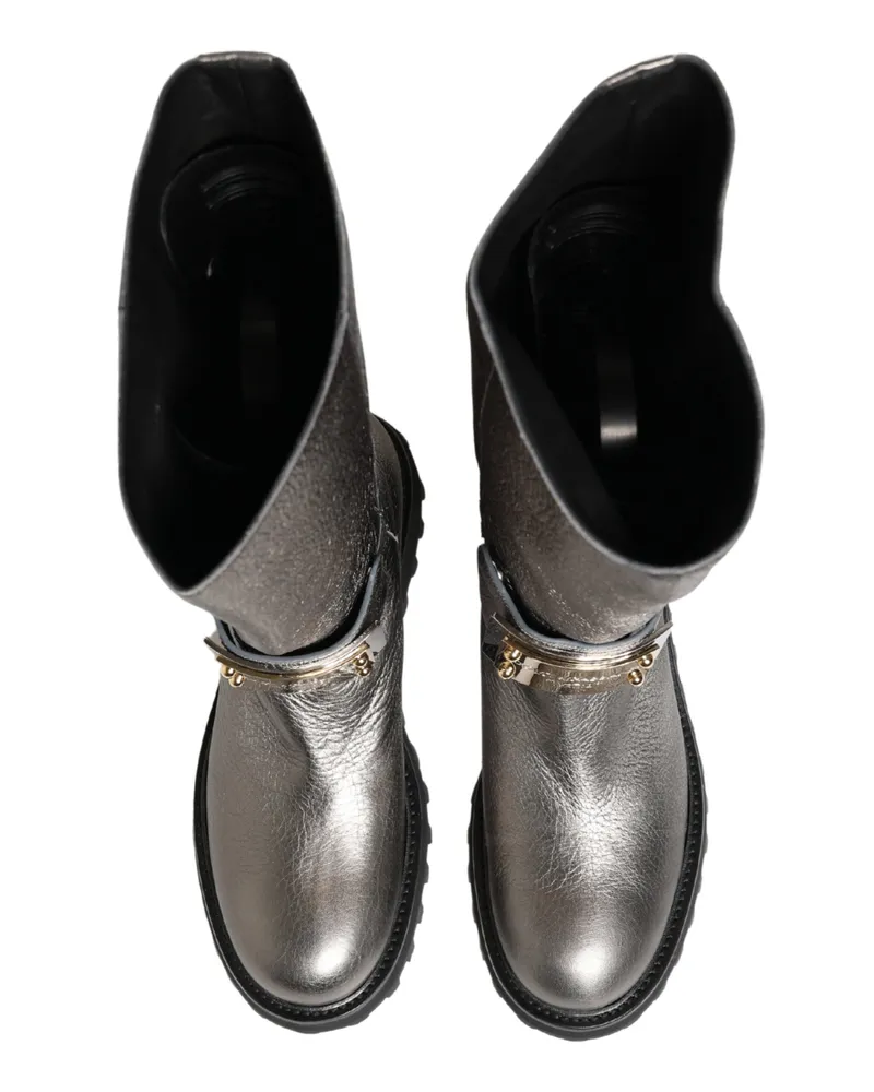 Dolce & Gabbana Men's Metallic Silver Leather Mid Calf Boots Shoes Cervo Laminato Silver