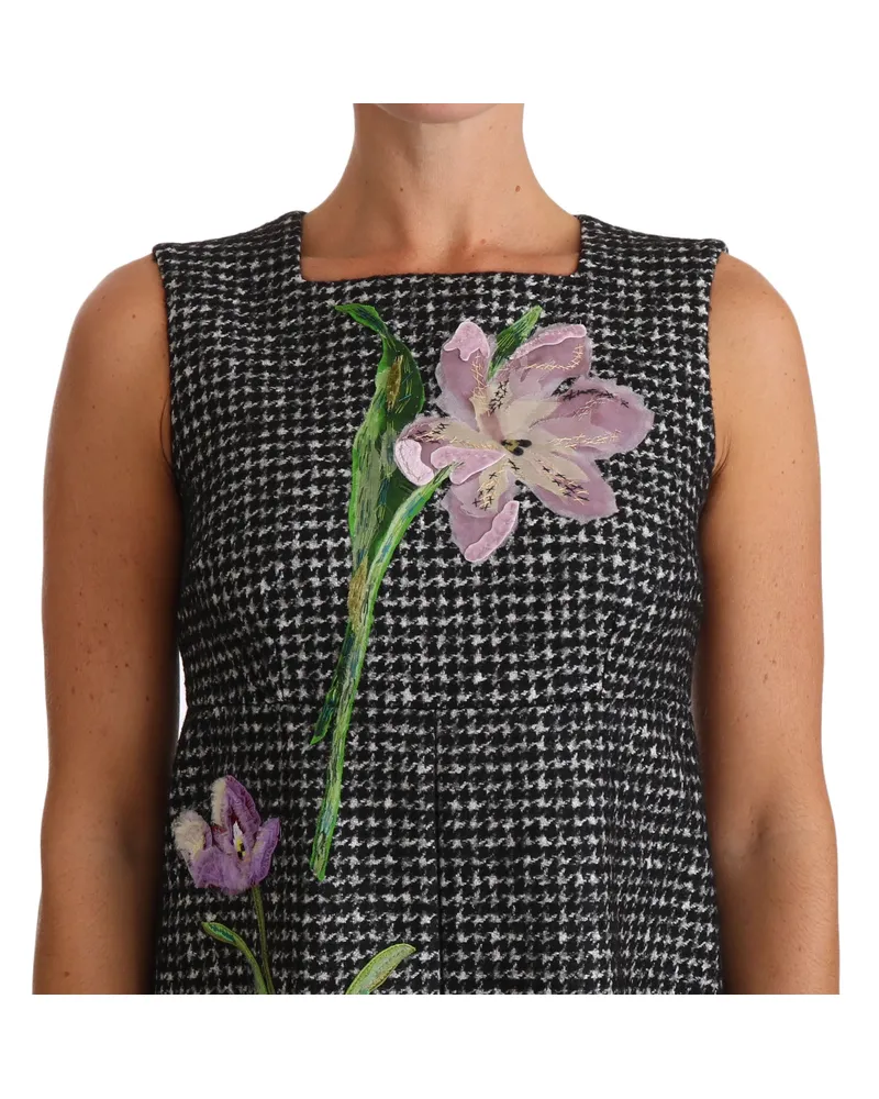 Dolce & Gabbana Women Gray Houndstooth Floral Appliqué Shift Mini Dress Virgin Wool Gray