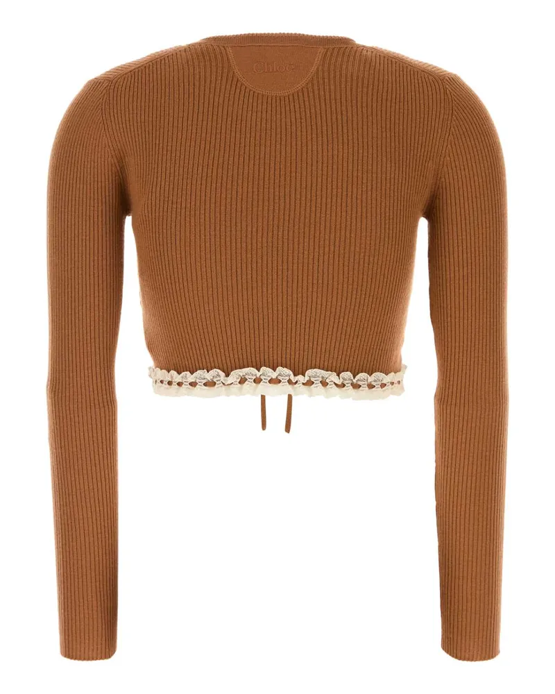 Chloé Ribbed Wool with Lace Trim Sweater — Brown Brown