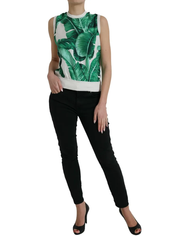 Dolce & Gabbana Women's White Banana Leaf Print Crew Neck Tank Top Silk White