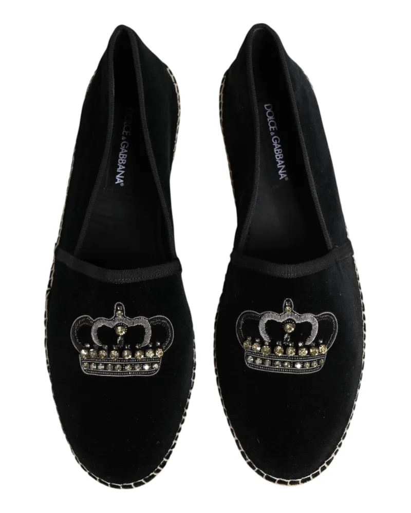 Dolce & Gabbana Crown-Embellished Velvet Espadrille Flat — Black Black