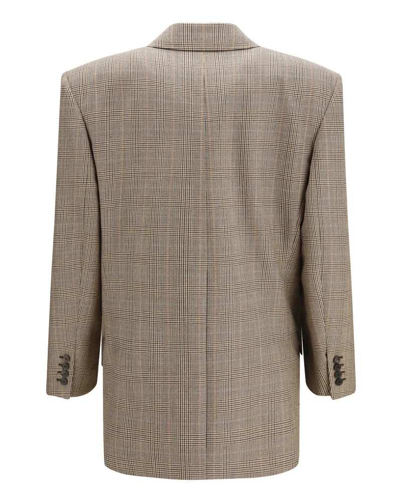 Saint Laurent Women's Prince Of Wales Houndstooth Wool Blazer Beige Marron Marine Fleece Ovis Aries Jacket Beige