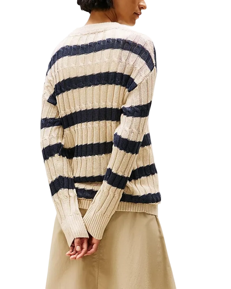 Tommy Hilfiger Striped Linen-Blend Cable-Knit Sweater — Beige Beige