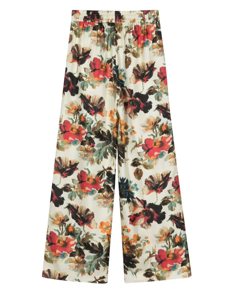 Alberto Biani Floral Printed Silk Trousers — Cream Cream