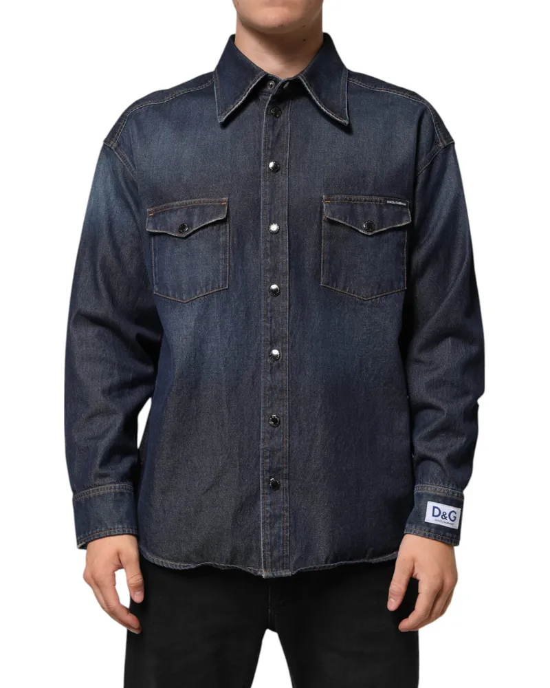 Dolce & Gabbana Blue Denim Button Casual Logo Patch Men Shirt Cotton Blue