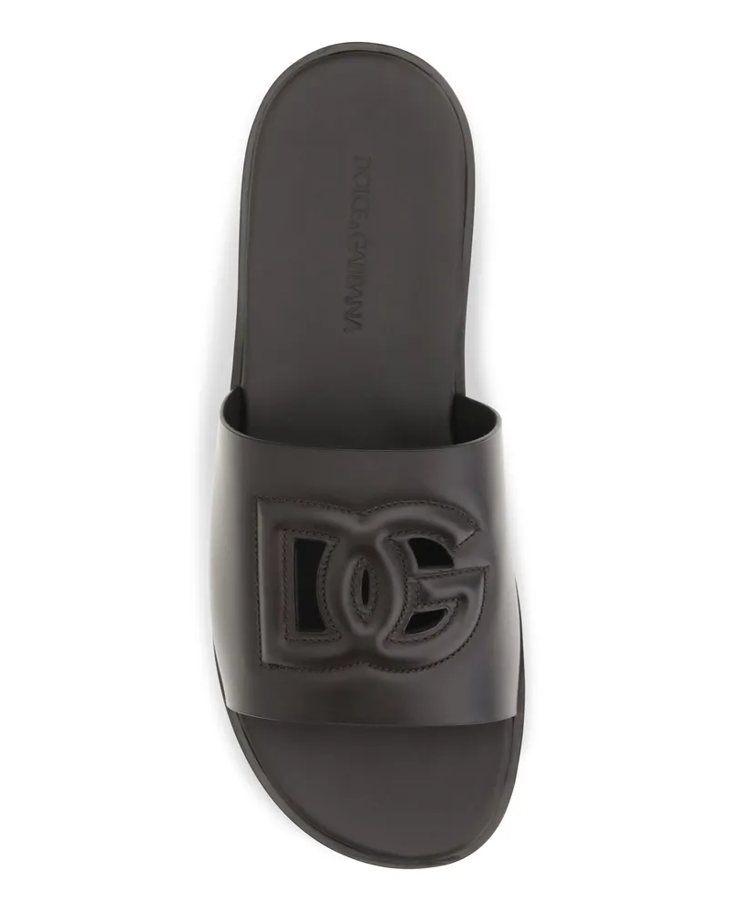 Dolce & Gabbana Men's Sandals Embossed Logo Dark Chocolate Calf Leather Brown