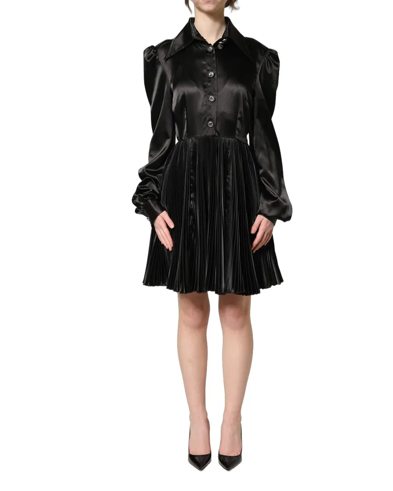 Dolce & Gabbana Women Black Satin Long Puff Sleeves Pleated Dress Elastane Polyester Black