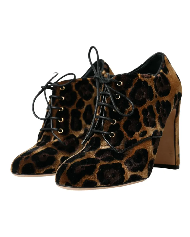 Dolce & Gabbana Women's Brown Leopard Hair Lace Up Booties Shoes Viscose Leather Brown
