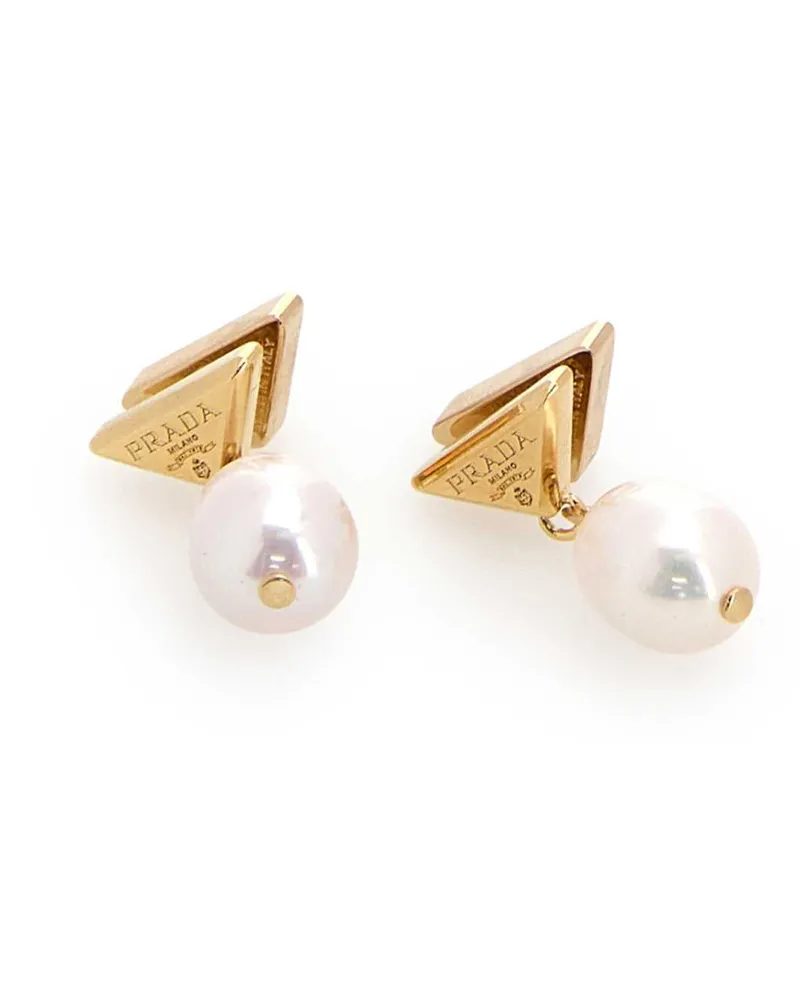 Prada Pearl-Drop Metal Triangle Earrings Oro+perla