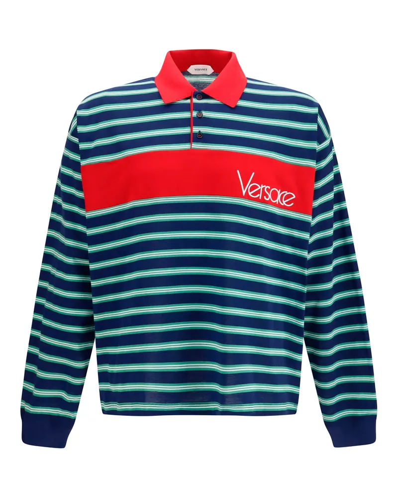 Versace Men's Polo Shirt Ink-Grass Green-White Cotton Ink/grass Green/white T-shirts And Polos Navy