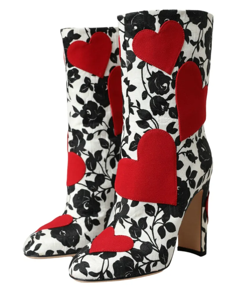 Dolce & Gabbana Women's White Floral Hearts Leather High Boots Shoes Black And Multicolor