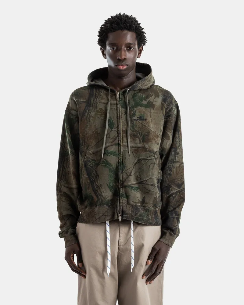 Balenciaga Men Zipped Hoodie Cotton Dry Fleece Forest Camo Print Diamond B Hoodies Olive