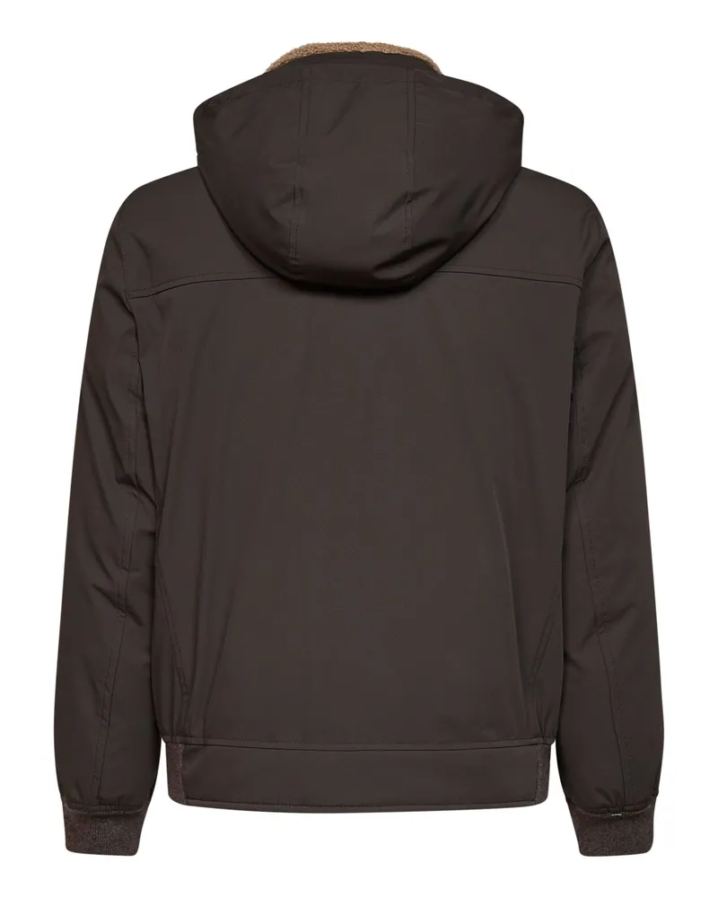 Brunello Cucinelli Men's Hooded Bonded Nylon Down Jacket Dark Brown Polyamide Padded Brown