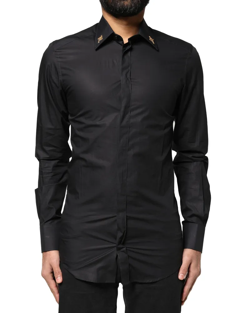 Dolce & Gabbana Black Gold Cross Embellished Men Dress Shirt Cotton Black