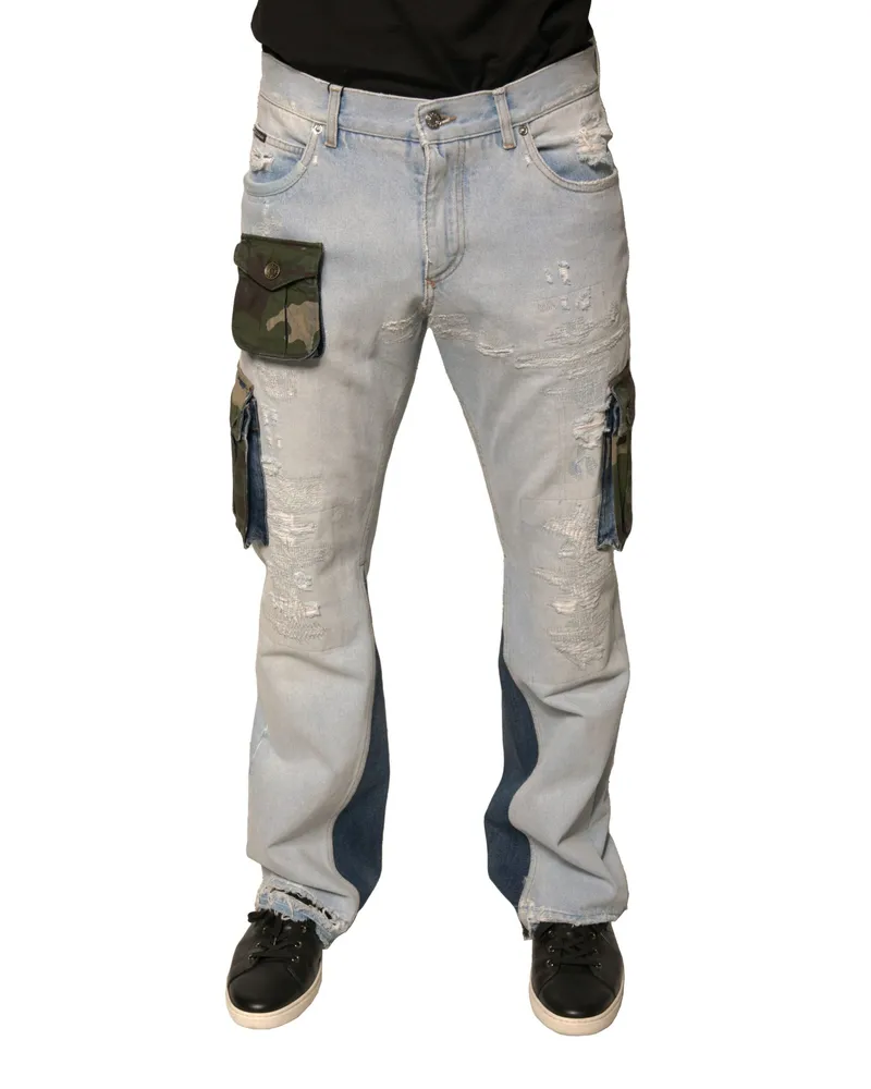 Dolce & Gabbana Cotton-Elastane Distressed Denim Cargo Pants — Blue Blue
