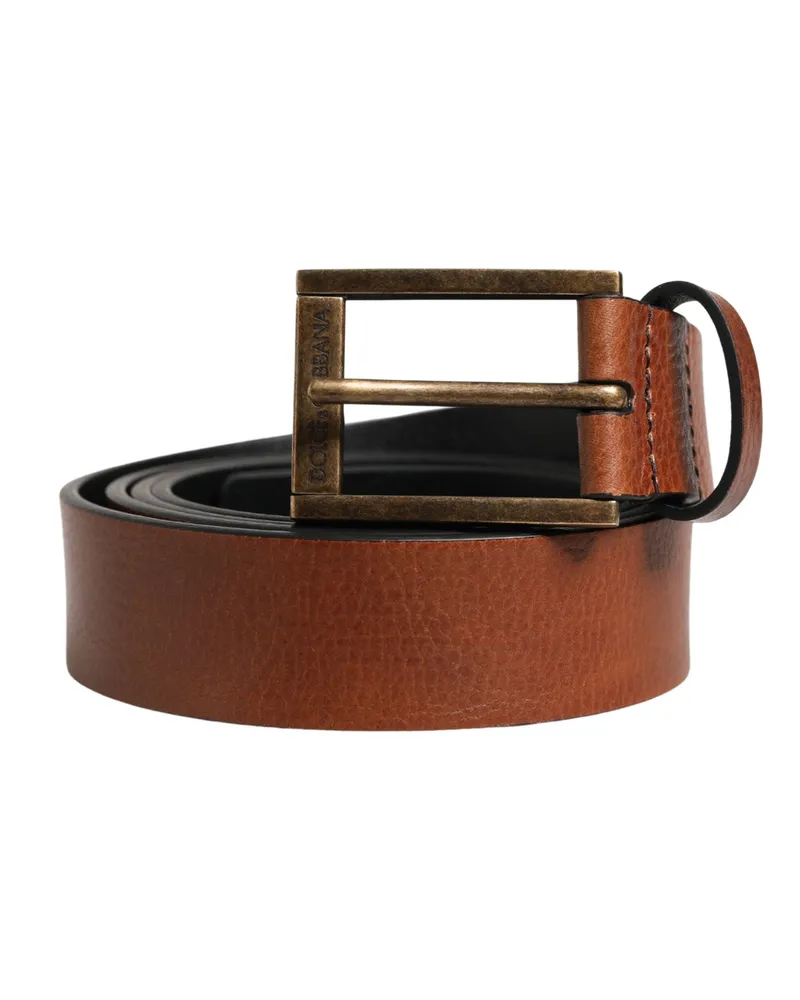 Dolce & Gabbana Men Brown Leather Classic Metal Buckle Belt Calf Brown