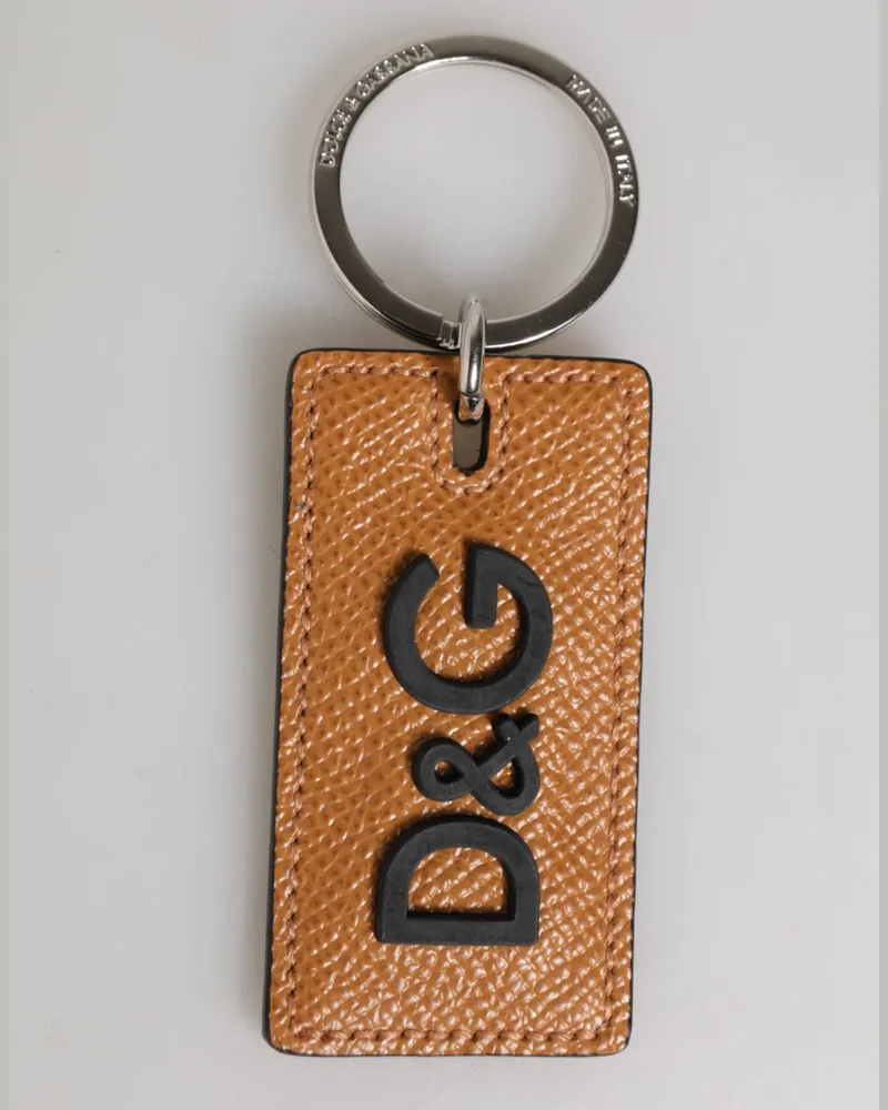 Dolce & Gabbana Brown Leather Logo Metal Ring Keychain Holder Men Keyring Calf Brown