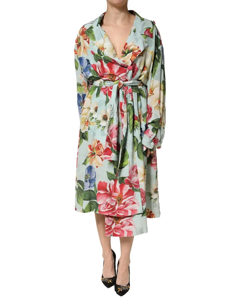 Dolce & Gabbana Women's Green Floral Silk Wrap Midi Long Sleeve Dress Green