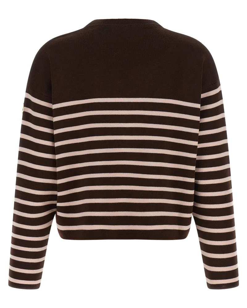 Moncler Striped Logo-Embroidered Virgin Wool Sweater — Brown Brown