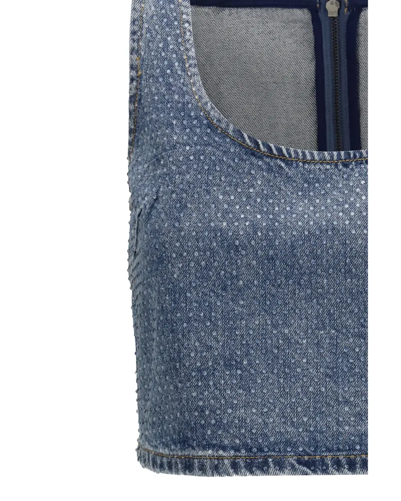 Self-Portrait Women's Crop Top Rhinestone Denim Blue Cotton Blue