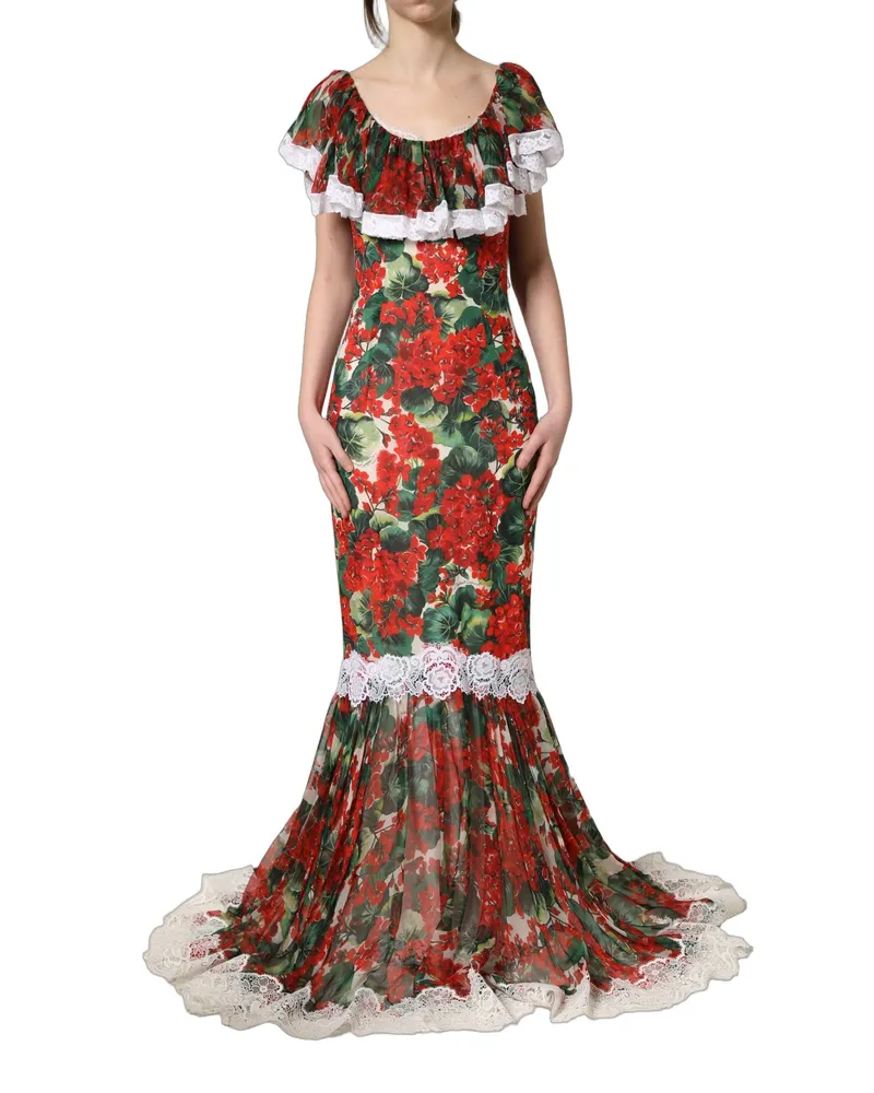 Dolce & Gabbana Women's Multicolor Geranium Flower Lace Maxi Dress Multicolor