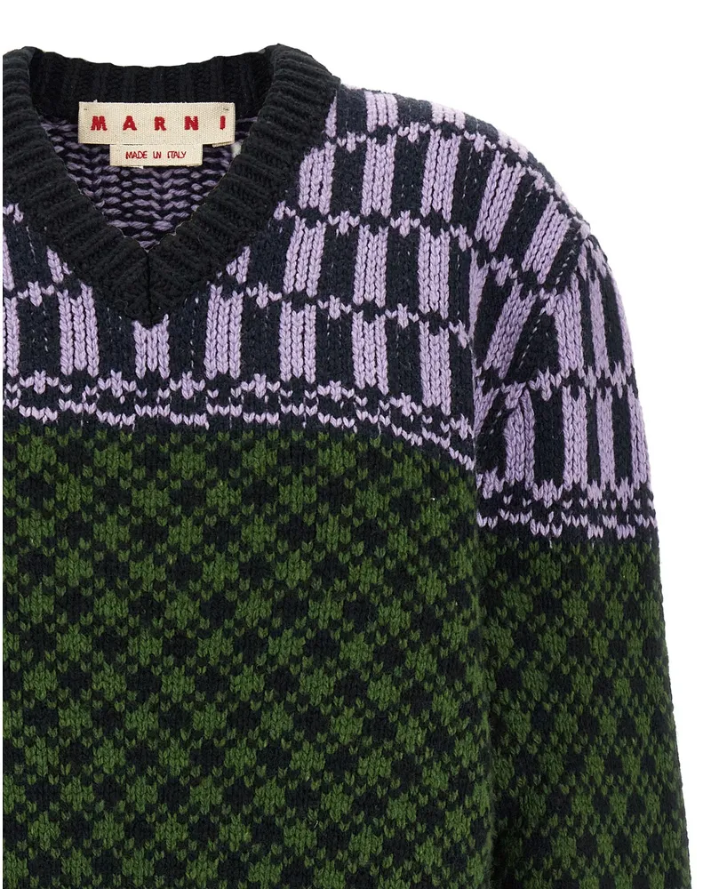 Marni Jacquard Geometric-Patterned Wool Sweater — Green Green