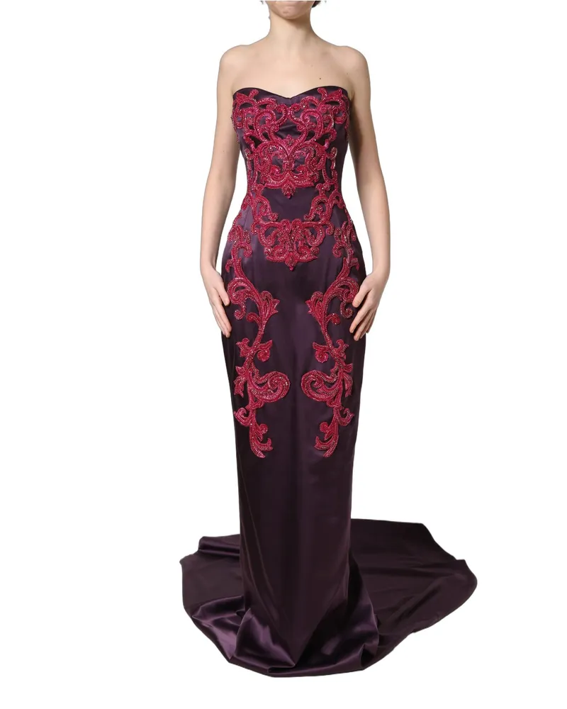 Dolce & Gabbana Women Purple Silk Crystal Strapless Floor Length Gown Dress Elastane Purple