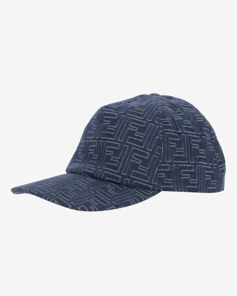 Fendi Men's Cotton Baseball Hat With Ff Pattern Blue Denim Blue