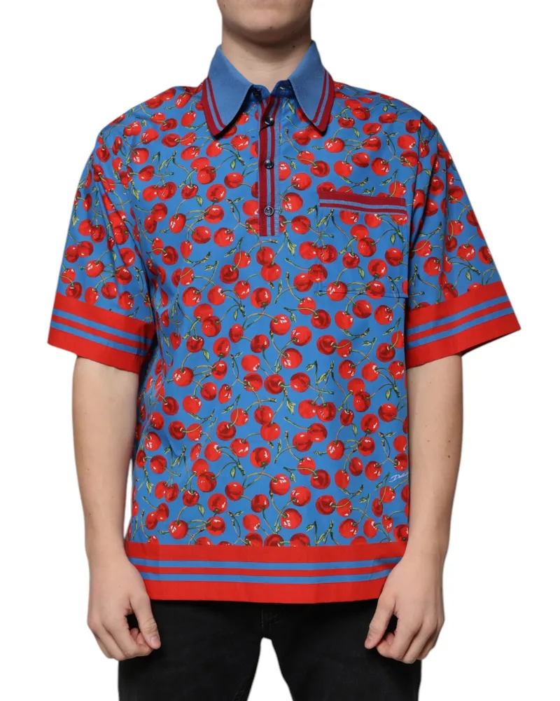 Dolce & Gabbana Men's Cherry-Print Cotton Polo Blue Blue