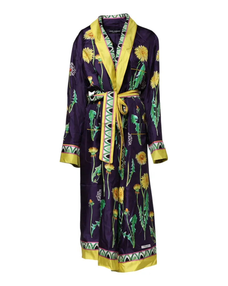 Dolce & Gabbana Women's Blue Floral Print Silk Long Sleeves Wrap Robe Clothing Navy