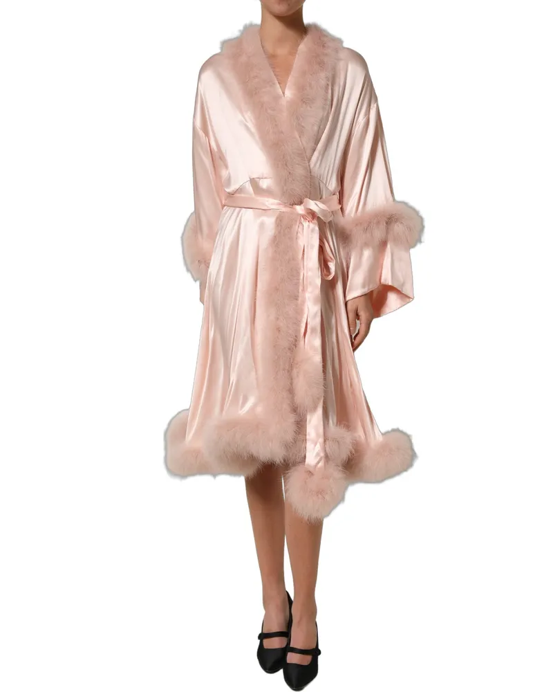 Dolce & Gabbana Women's Light Pink Silk Turkey Feather Wrap Midi Dress Pink