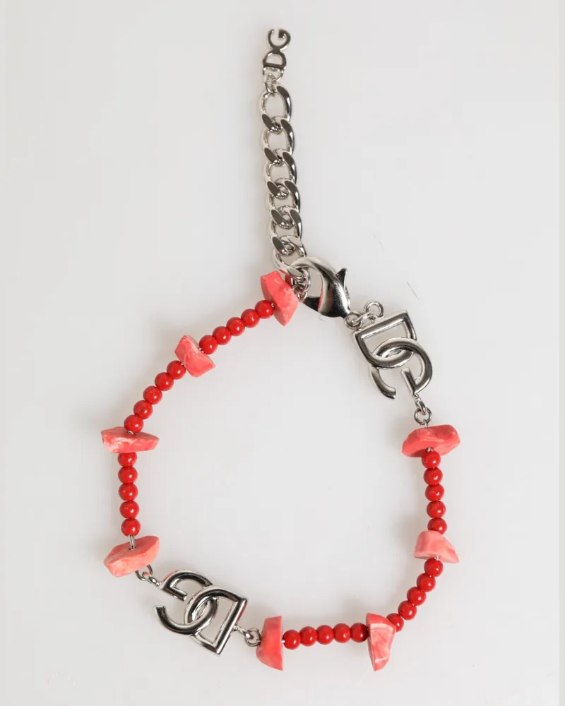 Dolce & Gabbana Silver Tone Brass Beaded Resin Dg Logo Chain Men Bracelet Real Silver