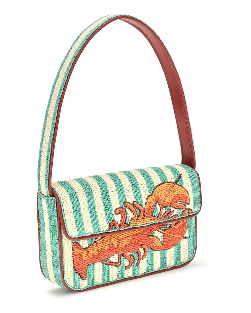 STAUD Women's Shoulder Bag Tommy Beaded Summer Lobster Rayon Green